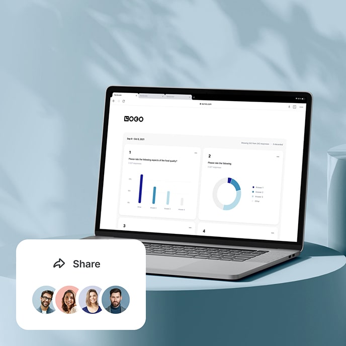 A laptop displaying a BI dashboard with survey results