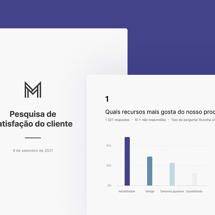 Página de introdução do questionário para a pesquisa de satisfação do cliente e com um gráfico de barras para a pergunta de exemplo.